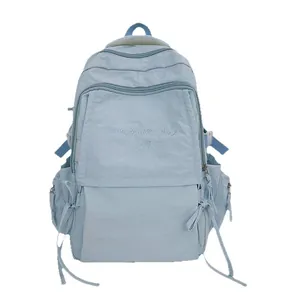 Zaino scolastico minimalista azzurro ad alta capacità con ricamo Have a Nice Day