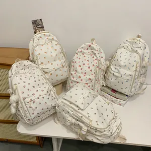 Minimalist white floral canvas backpacks for women with multiple zipper pockets