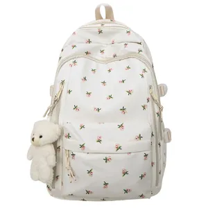 Minimalist large capacity white backpack with floral print and cute bear charm