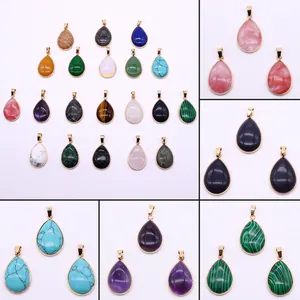 Natural Stone Teardrop Pendant With Electroplated Gold Plated Copper Edge Waterdrop Shape Pendants For DIY Jewelry Making