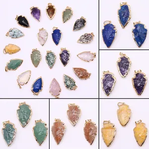 Colgante de Punta de Flecha de Piedra Natural Borde de Cobre Chapado en Oro Cuarzo Cristal Amatista Ojo de Tigre Charms para Fabricación de Joyas
