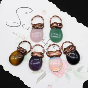 Sechs ovale Natursteinanhänger mit Vintage-Bronze-Schlaufen für DIY-Halsketten