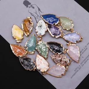 Colgantes de piedra natural en forma de flecha con borde dorado para collares y joyas
