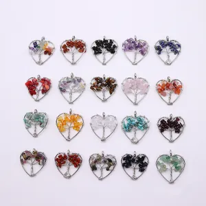 Set of 20 heart shaped tree of life pendants featuring various natural healing stones