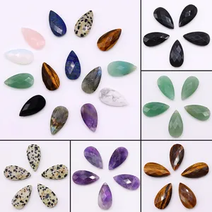 Teardrop Faceted Natural Stone Pendant Horizontal Hole For DIY Necklace Jewelry Pendant Only Without Chain