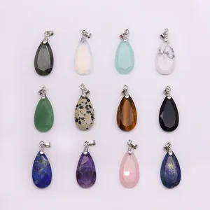 Set of 12 teardrop shaped natural stone pendants with silver clasps for DIY jewelry