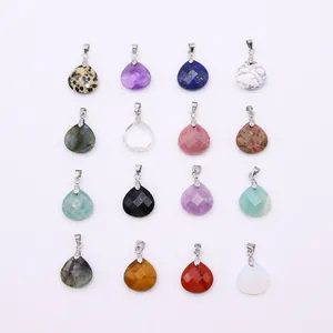 Set of 16 faceted teardrop natural stone pendants with silver metal clasps for DIY jewelry
