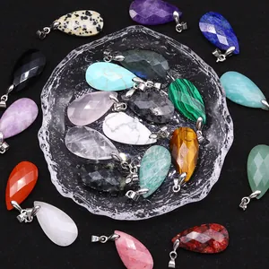 Faceted natural stone teardrop pendants in various gemstones with silver metal bails
