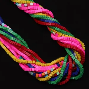 Colorful cube-shaped beaded necklace with multi-strand twisted natural stone square beads