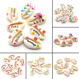 Natural Cowrie Shell Beads For DIY Jewelry Making Floral Printed Shells With Inspirational Words Happy Love Hope Dream For Necklace Bracelet Making Accessory