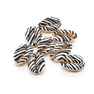 Detalle de caracoles cauri con rayas de cebra para creación de joyería y artesanía