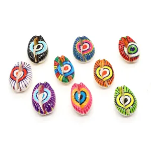 Natural cowrie shell beads with colorful hand-painted evil eye patterns for DIY jewelry