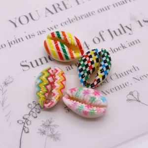Painted natural shell beads with checkered and striped patterns for DIY jewelry making