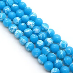 Polished blue natural emperor stone round beads with white marble veins for DIY jewelry