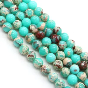 Polished natural Imperial Stone round loose beads in turquoise with marble texture