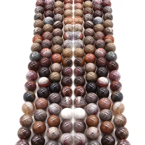 Natural Wood Fossil Stone Round Beads Polished Loose Beads For DIY Necklace Bracelet Jewelry Making Supplies Vintage Style
