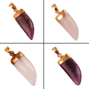 Natural Stone Amethyst Rose Quartz White Crystal Horn Tooth Shape Pendant For Women Jewelry Making DIY Necklace Accessory Charm