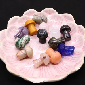 Polished natural crystal mushroom stones in a floral plate on dark background