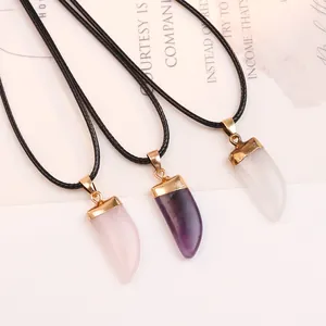 Natural amethyst and rose quartz chili shape pendants on black wax cord necklaces