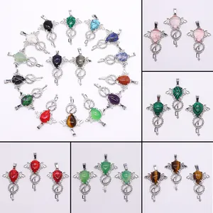 Vintage Natural Stone Angel Wing Key Pendant For Necklace DIY Jewelry Making Healing Crystal Waterdrop Gemstone Charms