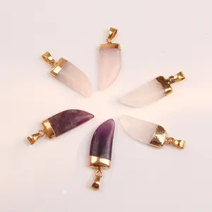 Natural amethyst and rose quartz chili-shaped pendants with golden metal clasps