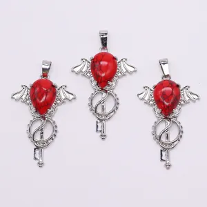 Gothic style silver alloy wing and key pendants with teardrop red natural stone inlay