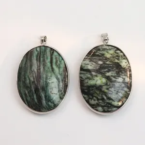 Oval natural stone pendants with green turquoise textures and silver metal clasps