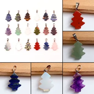 Christmas Tree Shape Natural Stone Pendant Only For Jewelry Making Amethyst Rose Quartz Lapis Lazuli DIY Necklace Charms