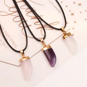 Natural amethyst and rose quartz horn pendants with gold plating on black wax cords