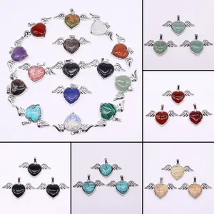Natural Stone Heart Angel Wings Pendant Electroplated Copper Charm For Women DIY Necklace Jewelry Making Accessories