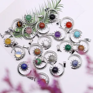 Celestial sun and moon natural stone pendants in assorted gemstone colors for DIY necklaces