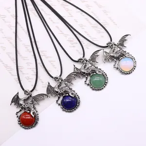 Viking dragon necklace with natural opal and tiger eye stone pendants in retro style