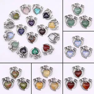 Vintage Dragon Wrapped Heart Shape Natural Stone Pendant Only Electroplated Copper Fantasy Gothic DIY Jewelry Making Accessory