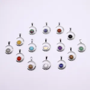 Set of 15 crescent moon and sun pendants with assorted natural stone beads for necklaces