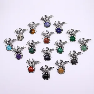 Viking dragon stone pendants featuring various semi-precious stones in antique silver finish