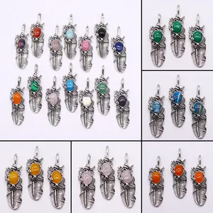 Naturstein Feder Anhänger Für DIY Schmuckherstellung Vintage Oval Achat Quarz Kupfer Galvanisiert Böhmisch Charm Zubehör