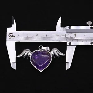 Detailed measurement of purple amethyst heart pendant with silver angel wings wings