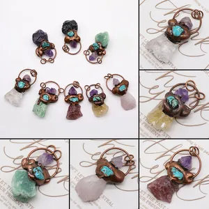 Pendentif Pierre Naturelle Irrégulière Vintage Cuivre Électroplaqué Fil Enroulé Améthyste Quartz Rose Bijoux DIY