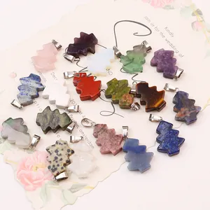 Set of 18 colorful natural stone Christmas tree pendants with metal loops for DIY jewelry