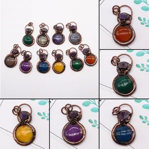 Vintage Gourd Shape Natural Stone Pendant Metal Rose Flower Copper Plated Dragon Vein Agate Amethyst Crystal DIY Pendant