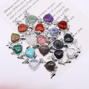 Natural heart stones with silver angel wings pendants in amethyst and turquoise