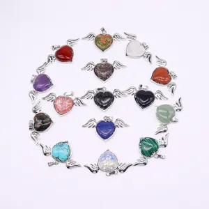Natural heart stones with silver angel wings pendants in various gemstone colors