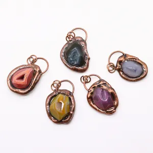 Natural agate stone pendants with antique copper plating and irregular druzy textures