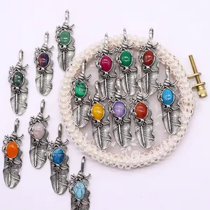 Vintage Silber Federanhänger mit ovalen Natursteinen in verschiedenen Farben für DIY Schmuck
