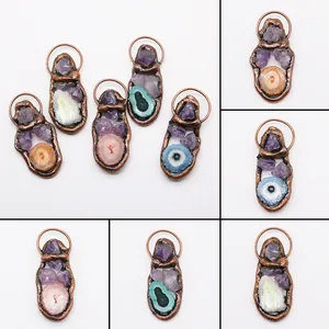 Natural Stone Agate Slice Amethyst Crystal Pendant Only Without Chain Electroplated Copper For DIY Jewelry Making Accessory