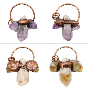 Vintage Natural Amethyst Crystal Cluster Pendant Electroplated Copper Citrine Raw Stone Charms For DIY Necklace Handmade Jewelry Accessory