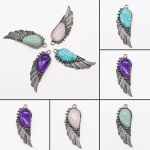 Angel Wings Natural Stone Pendant For DIY Necklace Jewelry Making Amethyst Rose Quartz Turquoise Green Aventurine Copper Plated Retro Wing Shaped Accessory Gift For Women Men