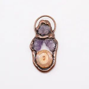 Handmade copper wire wrapped pendant featuring purple amethyst and agate stone detail