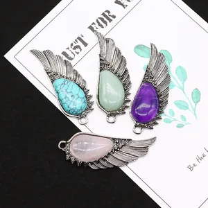 Natural stone angel wing pendants in amethyst and turquoise for DIY jewelry making