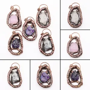 Naturstein Unregelmäßige Kristall Anhänger Galvanisiertes Kupfer Roherz Quarz Amethyst Rosenquarz Druzy Charm DIY Schmuckherstellung Zubehör